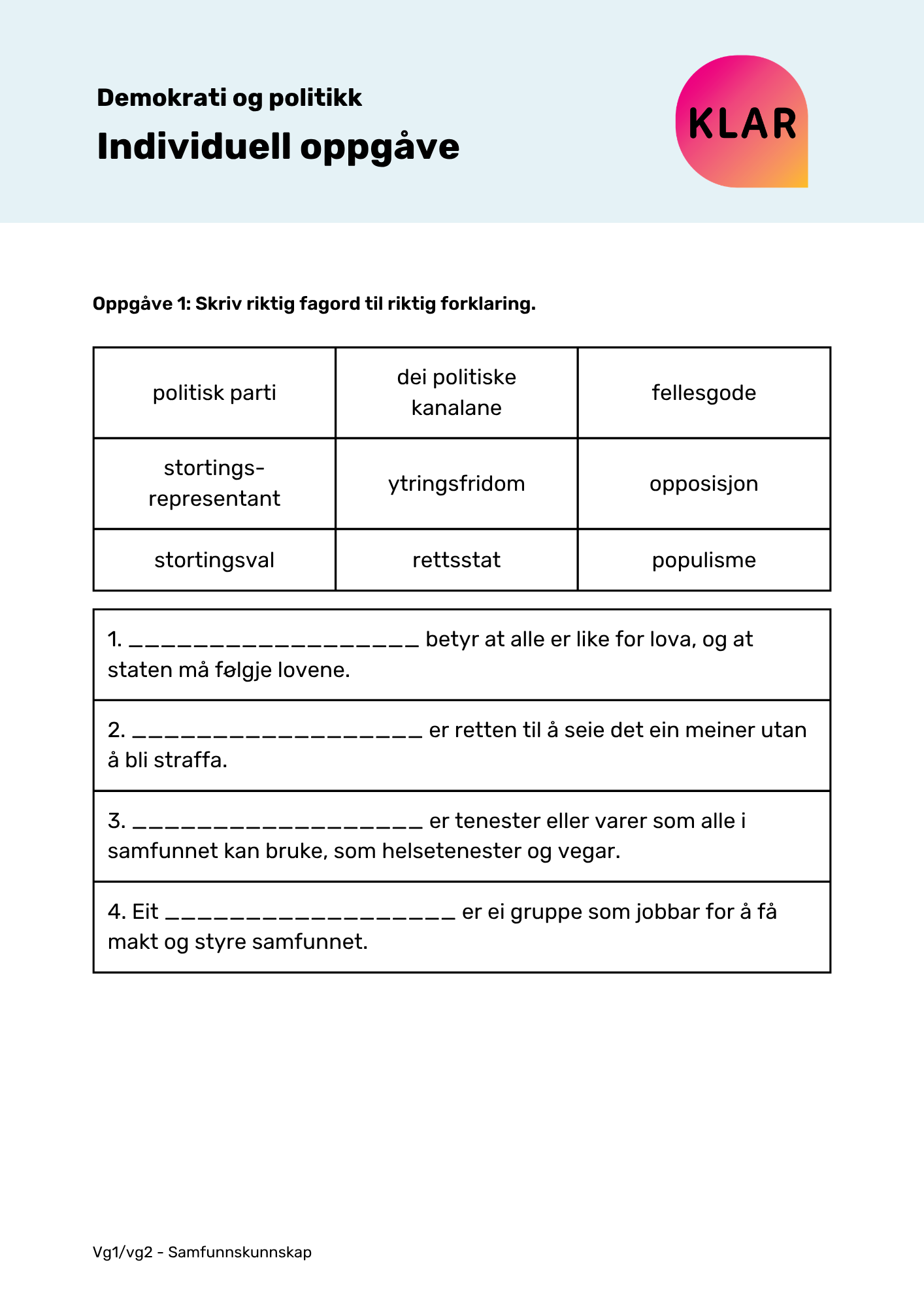 Demokrati og politikk - individuell oppgåve