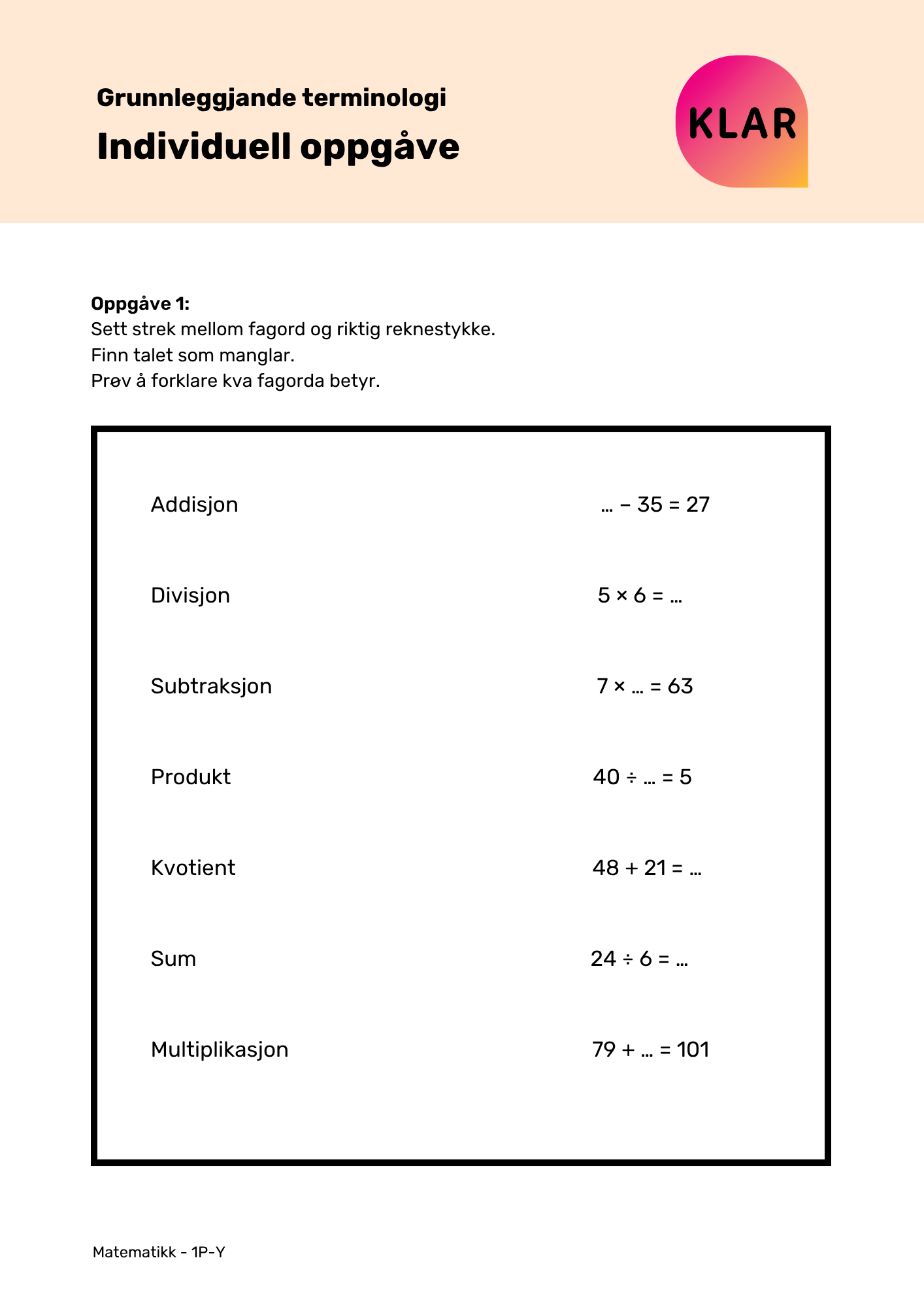 Grunnleggjande terminologi - individuell oppgåve