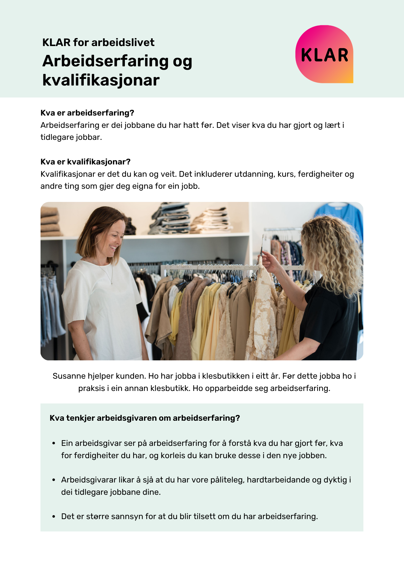 KLAR for arbeidslivet - arbeidserfaring og kvalifikasjonar