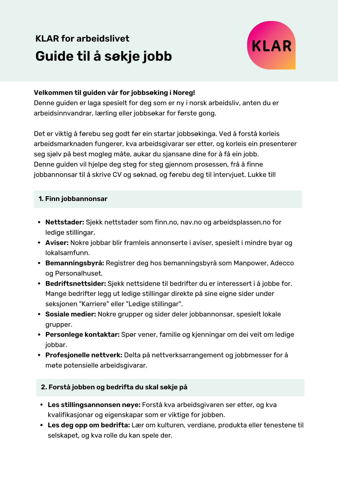 KLAR for arbeidslivet - guide til å søkje jobb