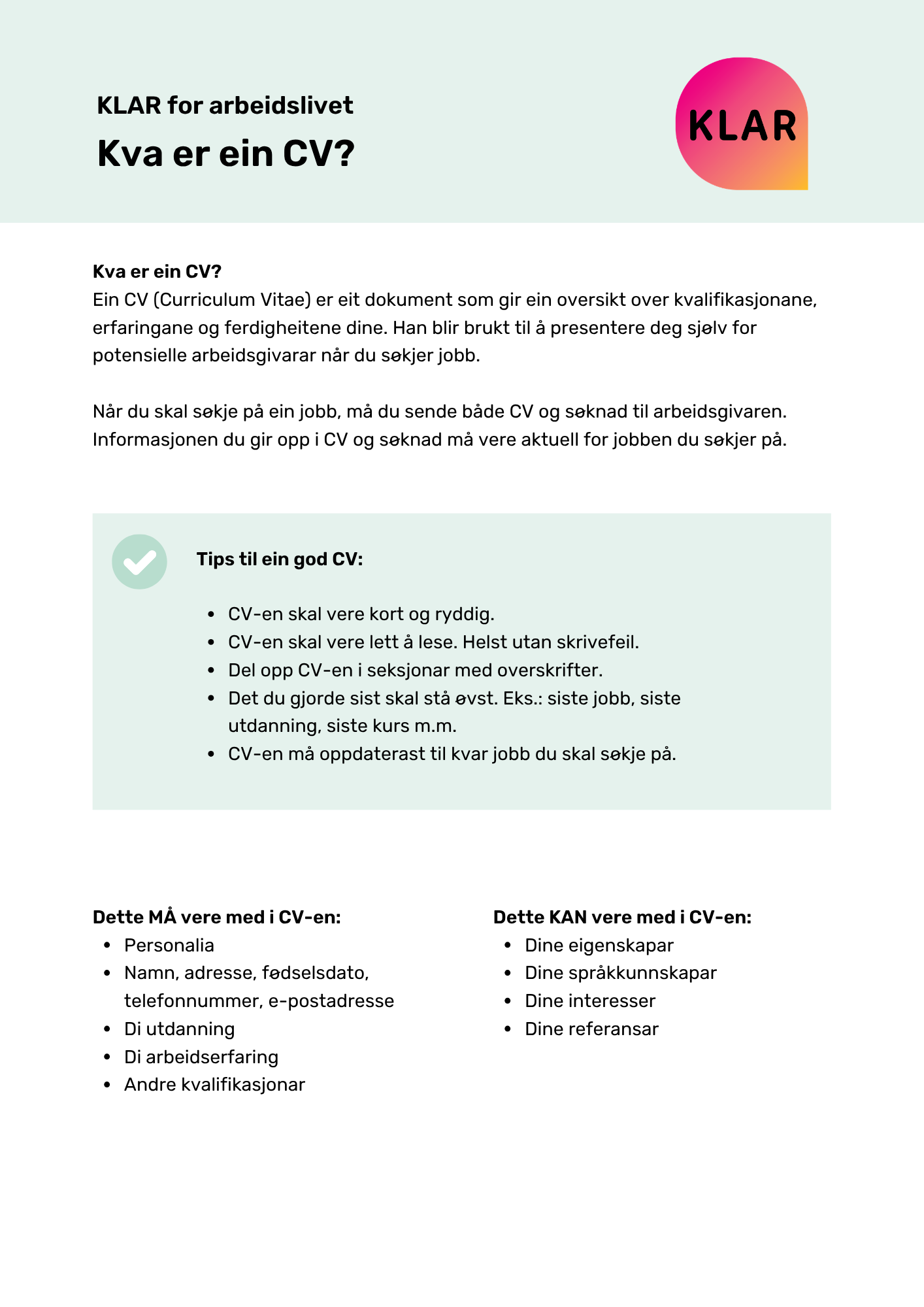 KLAR for arbeidslivet - kva er ein CV?