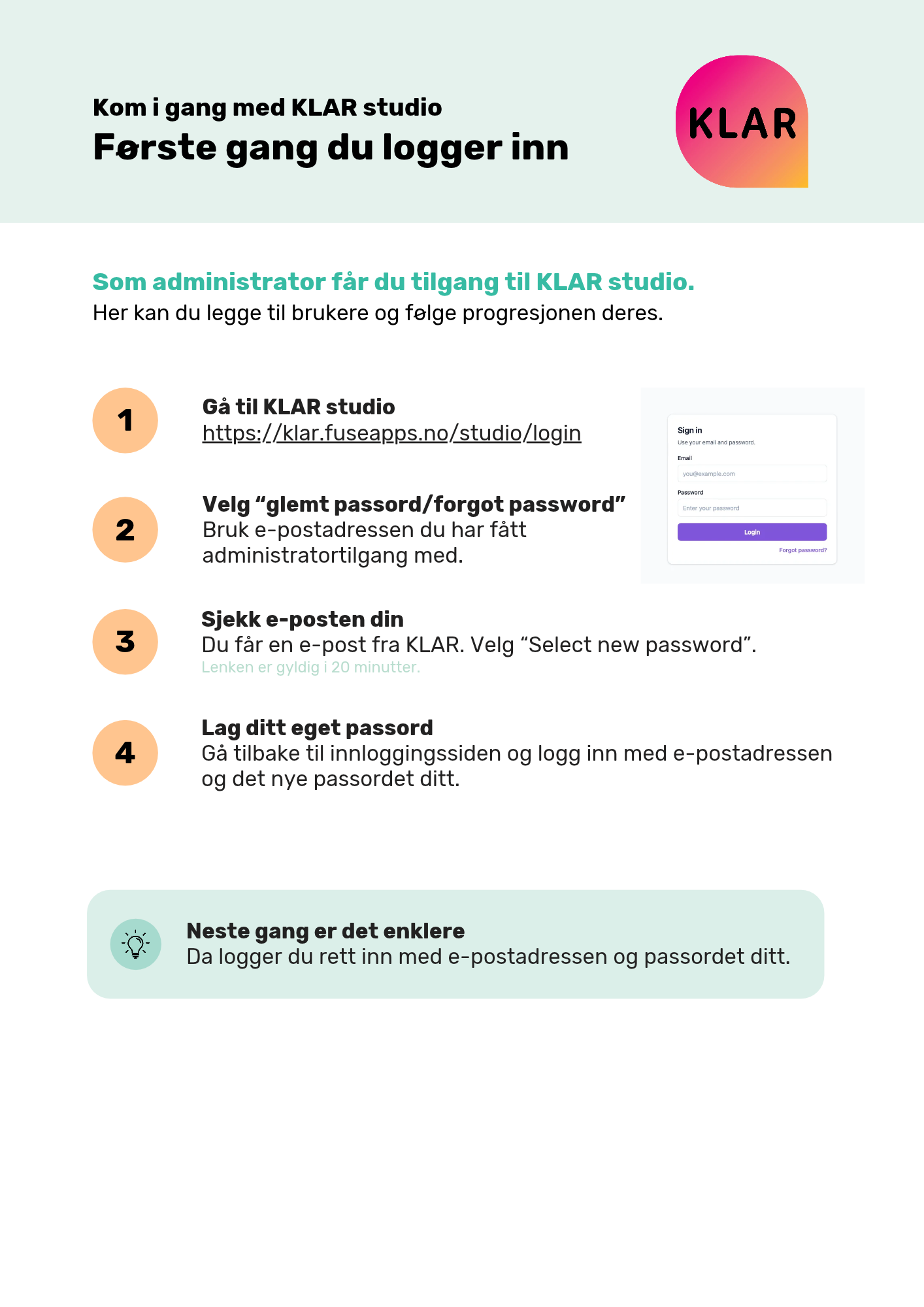 KLAR studio - Logge inn og legge til brukere (for bedrifter)