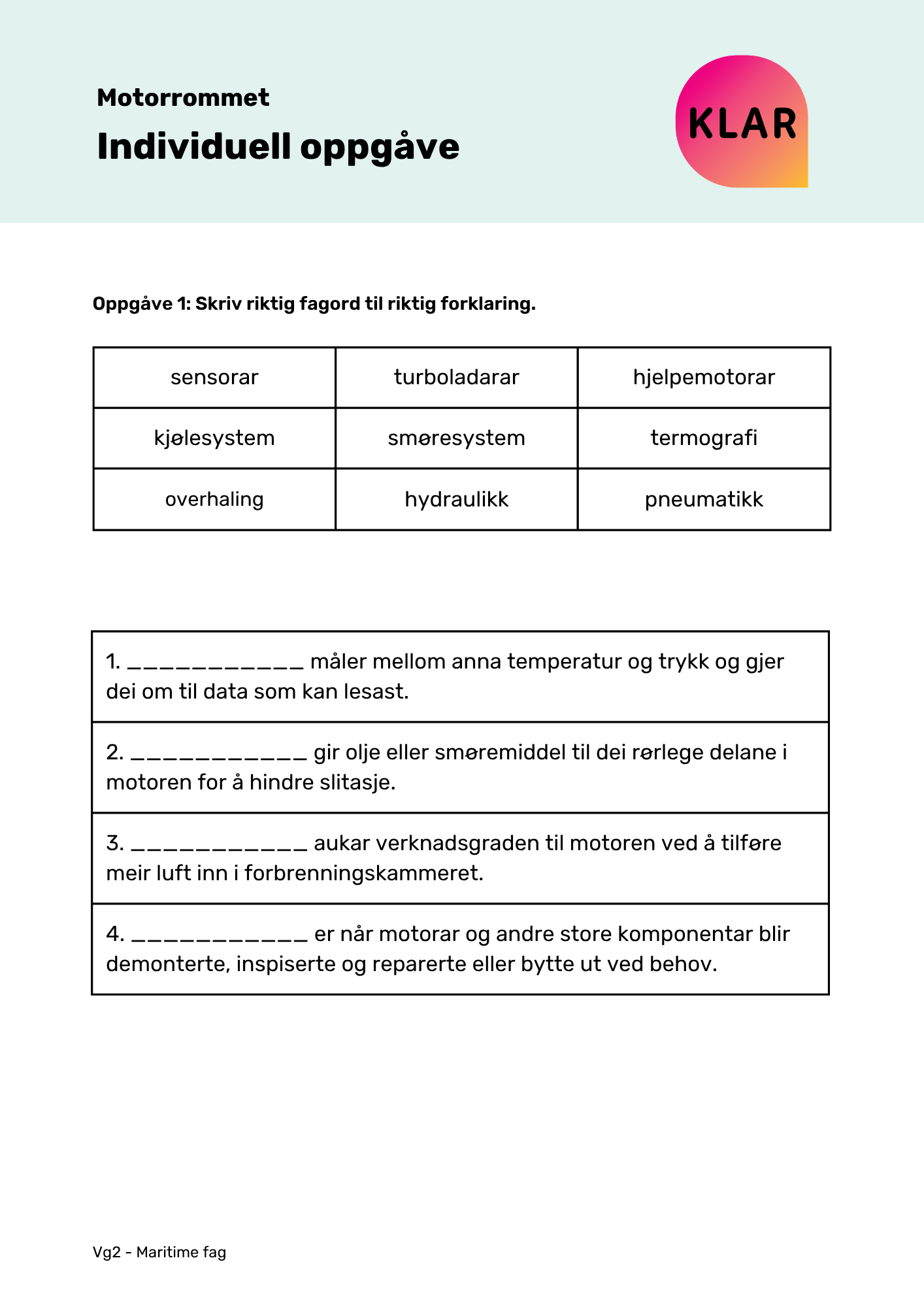 Motorrommet - individuell oppgåve