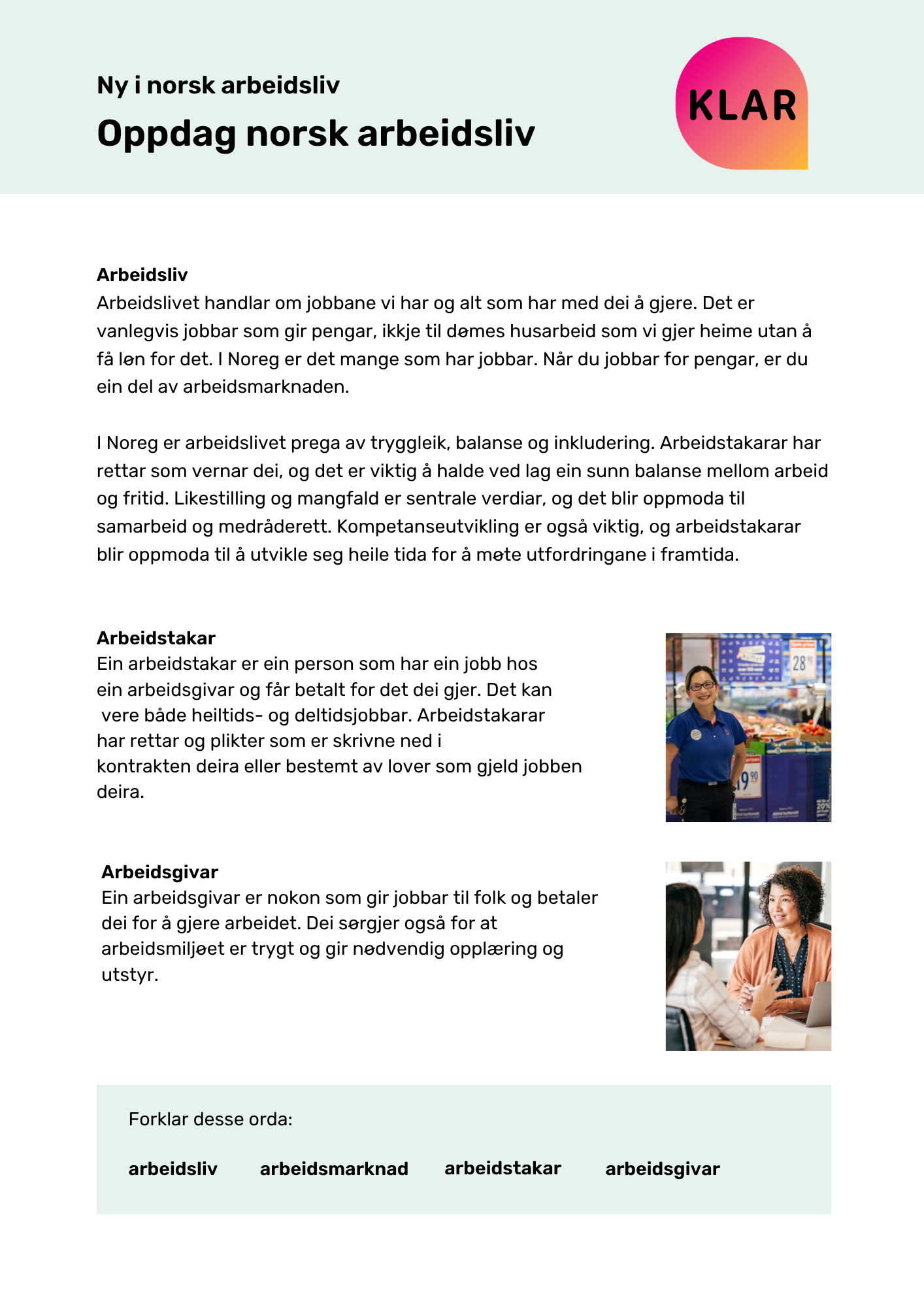 Ny i norsk arbeidsliv - oppdag norsk arbeidsliv