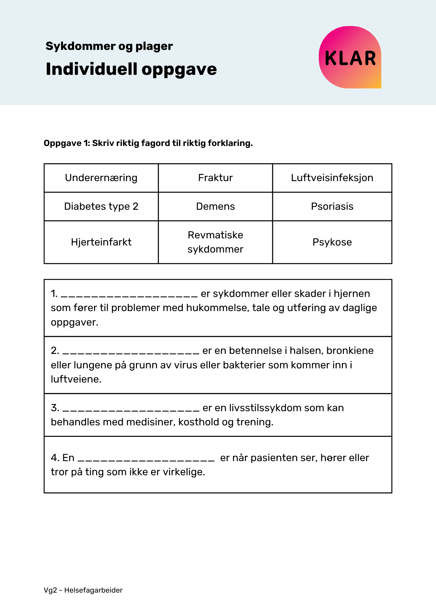 Sykdommer og plager - individuell oppgave